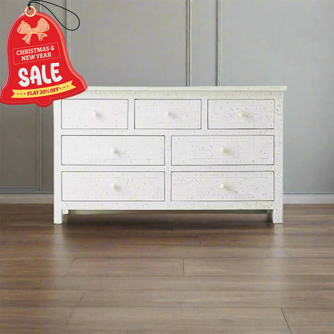 Bone Inlay Chest Of 7 Drawers, Floral Pattern In White