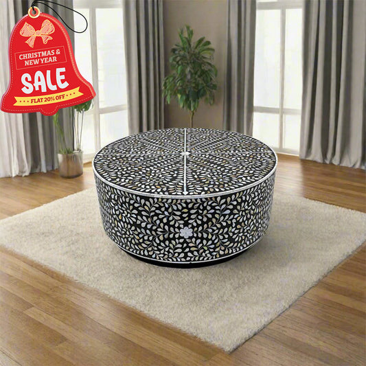 Handmade Mother of Pearl Round Coffee Table- Floral/ Black