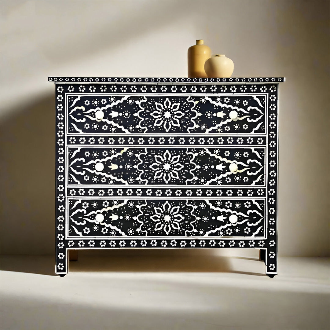 Bone Inlay Chest Of 3 Drawers , Floral Pattern In Black