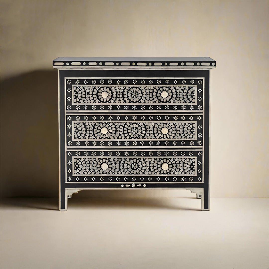 Bone Inlay Chest Of 3 Drawers, Geometric Pattern In Black