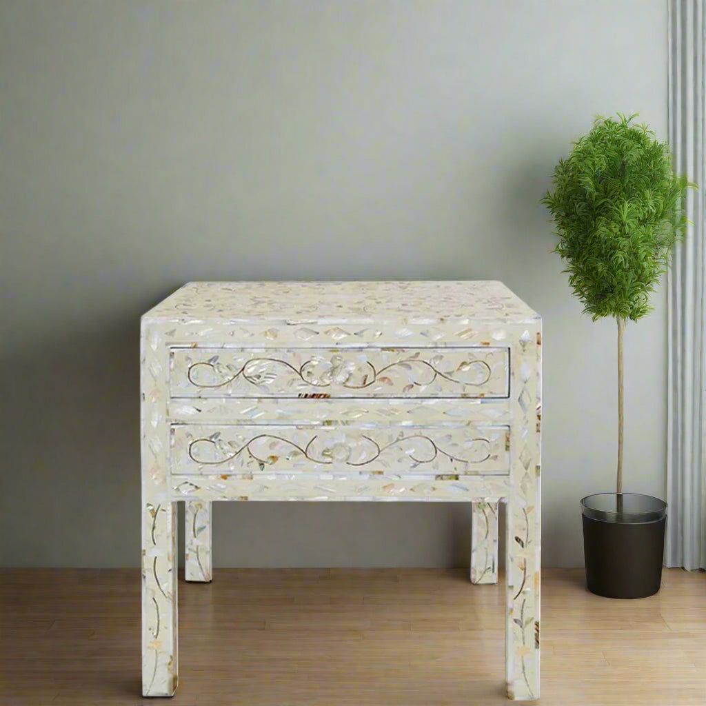 Handmade White mother of pearl personalized vintage bedside table for home