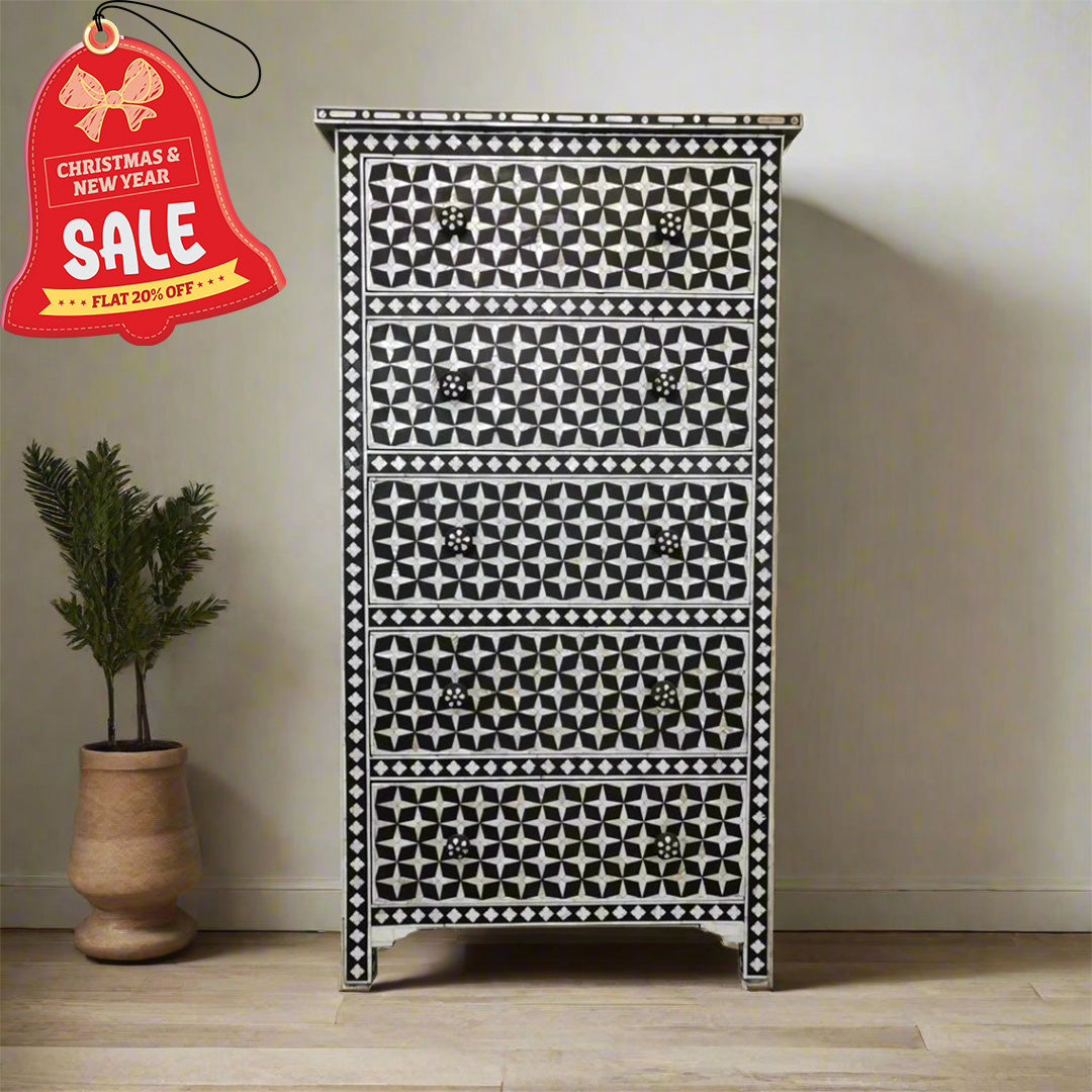 MOTHER OF PEARL CHEST OF DRAWER/ Tall Boy Dresser - Star Eye( Black)