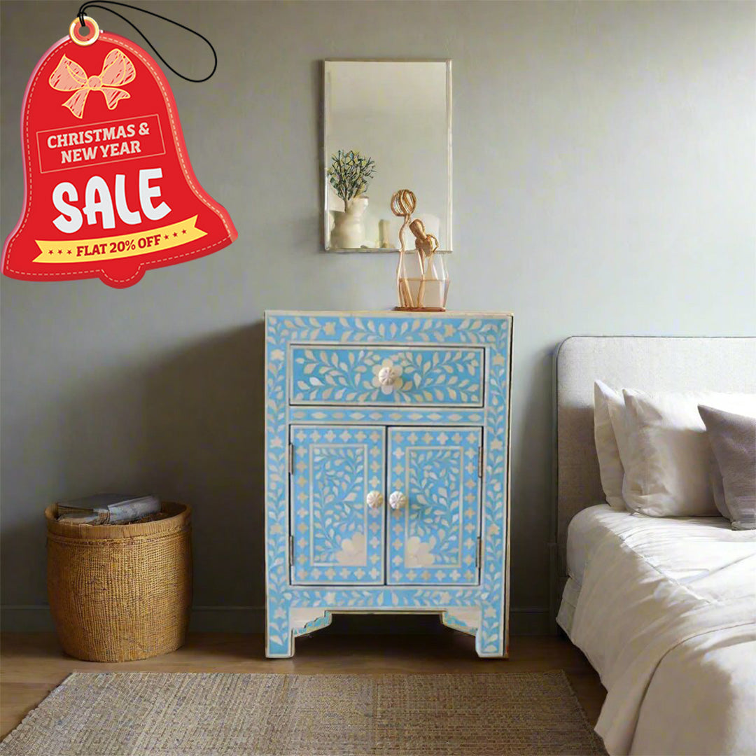 Bone Inlay Floral Bedside Table - Blue