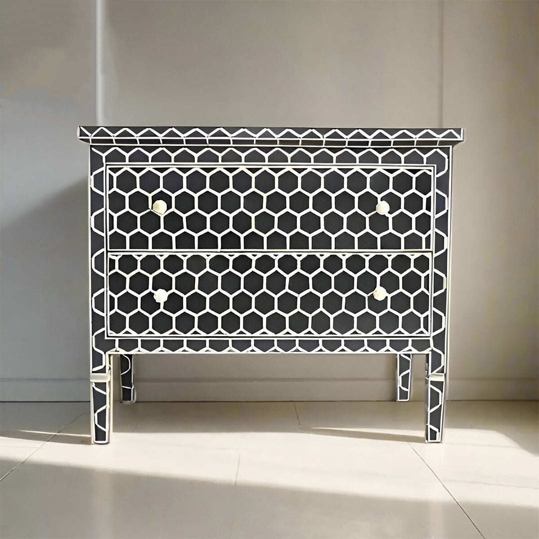 Bone Inlay Chest Of 2 Drawers ,Honeycomb Pattern In Black