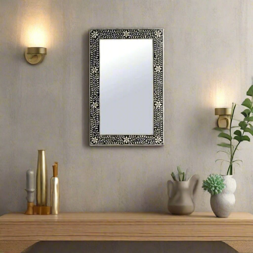 Handmade Bone Inlay Mirror Frame Floral Pettren Black color