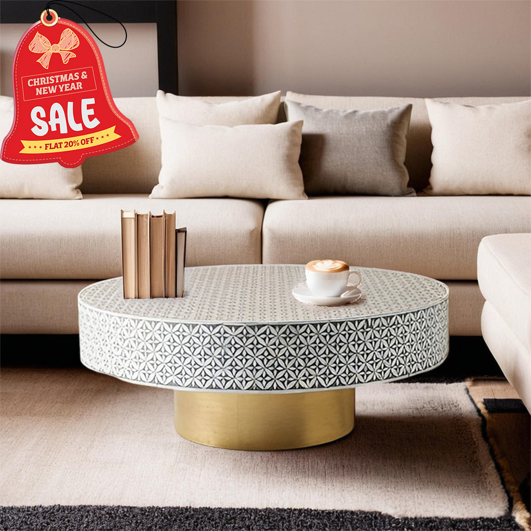 Handmade Mother of Pearl Star Pattern Round Coffee Table- Grey