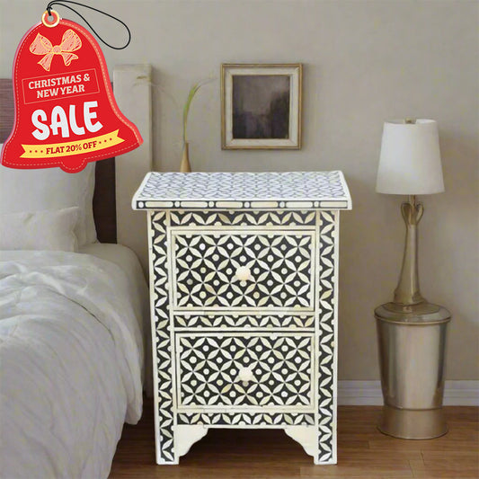 Geometric Star eye Bone Inlay Bedside Table - Black