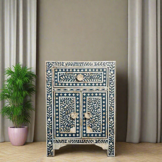 HANDMADE FLORAL PATTERN DARK BLUE MOTHER OF PEARL INLAY BEDSIDE TABLE