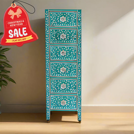 Bone Inlay Chest Of 6 Drawers Tall Boy In Teal Green Color