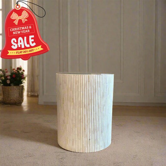 Handmade Customized Bone Inlay Round Stool- Fluted Pattern