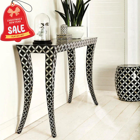 Handmade Mother of Pearl Black Geometric  Pattern Console Antique Vintage Table for Home and Living room