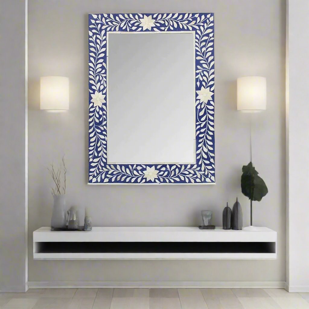 Bone Inlay Blue Floral Mirror Frames with Complimentary Mirror