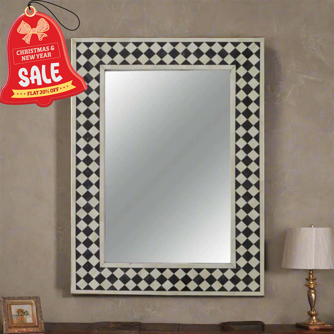 Bone Inlay Black & White Geometric Pattern Mirror Frame