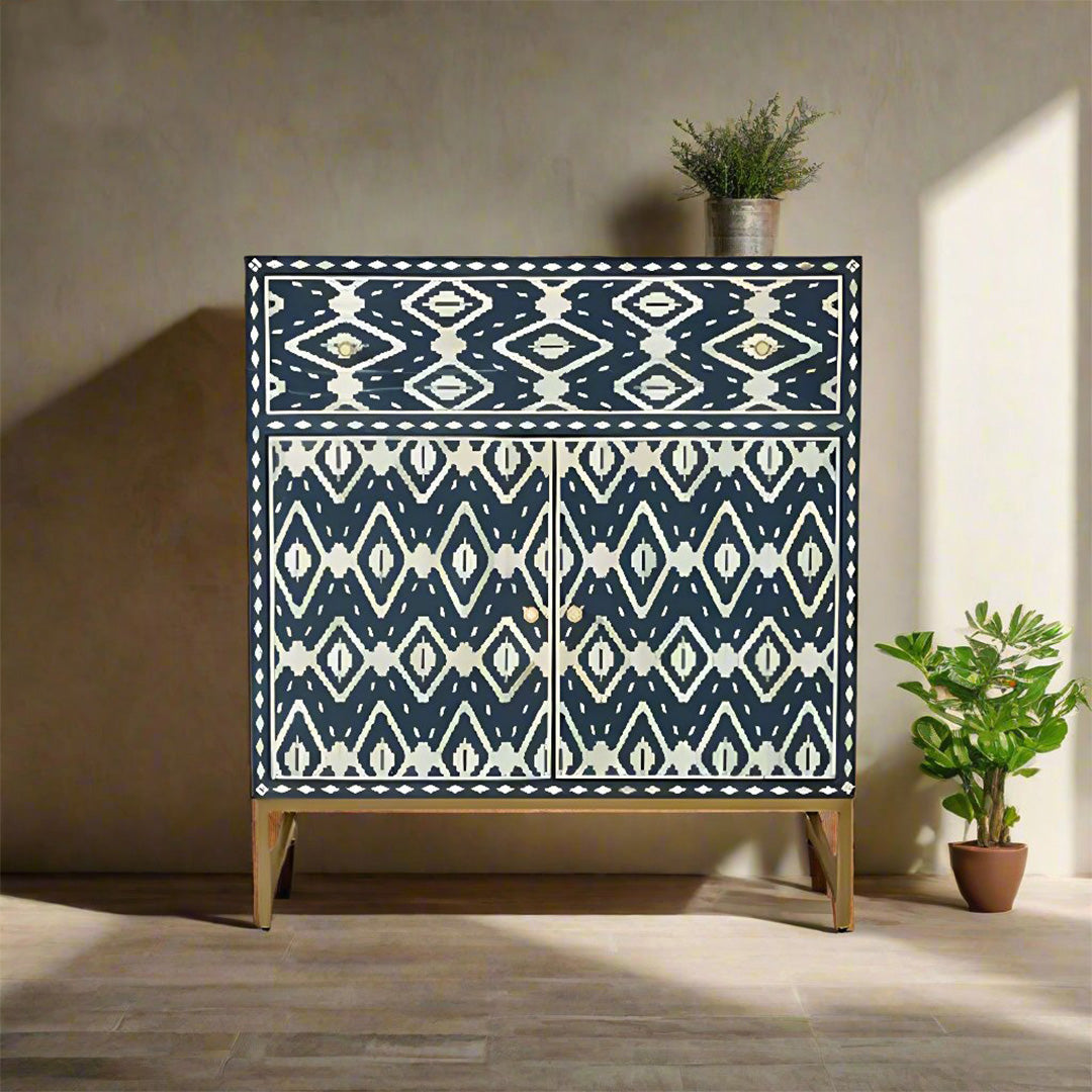 Bone Inlay Chest Of 1 Drawers 2 cabinate , Geometric Pattern In Indigo