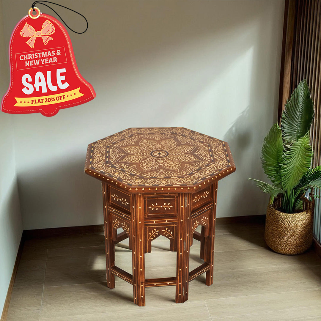 handmade Teak Wood Bone Inlay Pattern Stool