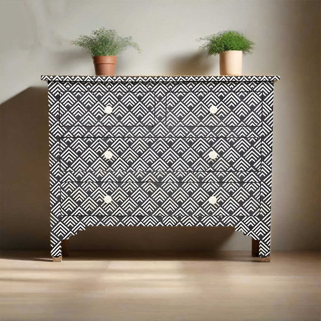 Bone Inlay Chest Of 4 Drawers , Optical Pattern In Black