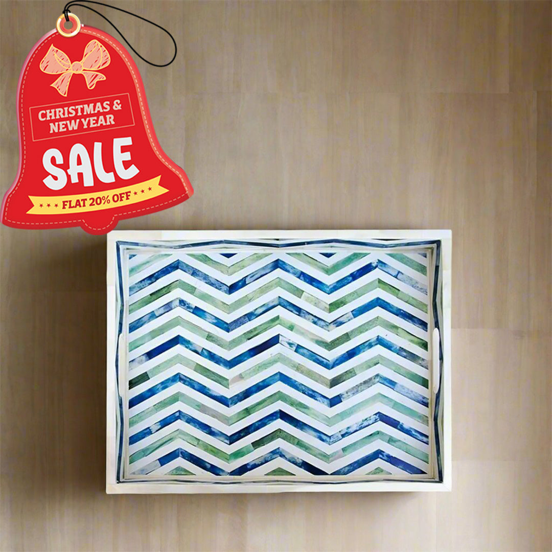 Bone Inlay Tray in Geometric Chevron Design - Blue and Green