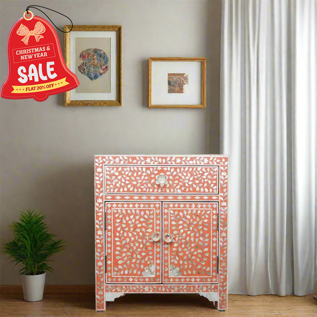 HANDMADE CUSTOMIZED MOTHER OF PEARL BEDSIDE TABLE - Floral/Orange