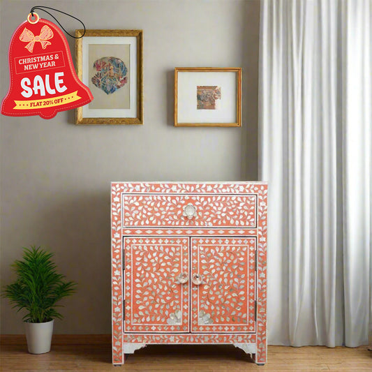 HANDMADE CUSTOMIZED MOTHER OF PEARL BEDSIDE TABLE - Floral/Orange