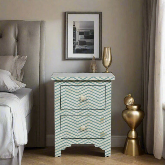 Geometric Chevron Pattern Bone Inlay Bedside Table - Blue