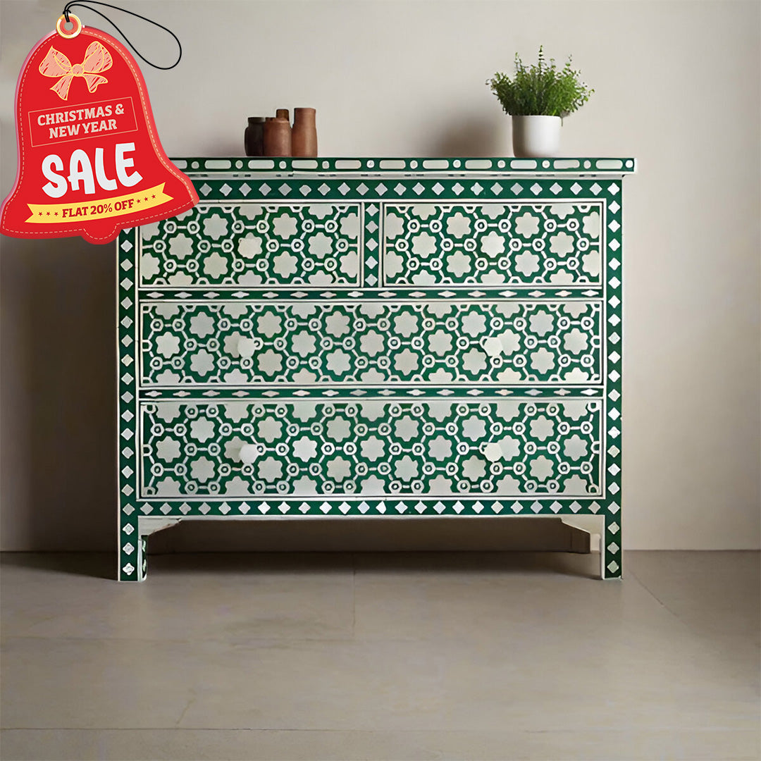 Bone Inlay Chest Of 4 Drawers , Moroccan Pattern In Green