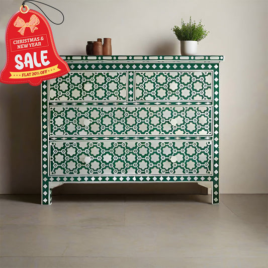 Bone Inlay Chest Of 4 Drawers , Moroccan Pattern In Green