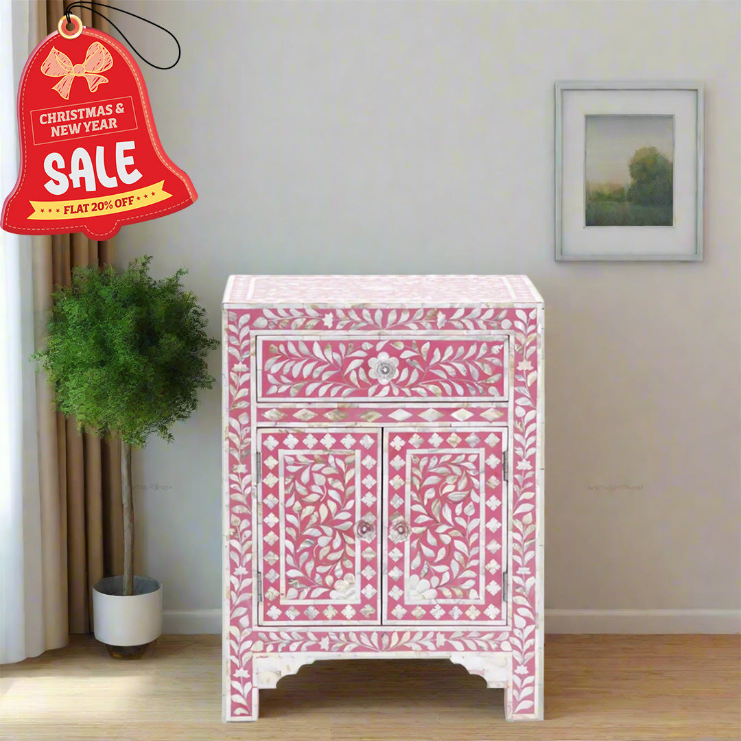 Handmade Pink Mother of Pearl handmade vintage bedside table for living room