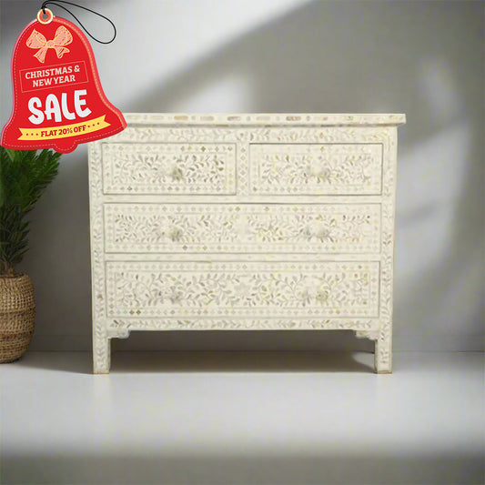 Mother Of Pearl Inlay Floral Design Chest of 4 Drawers in White Color