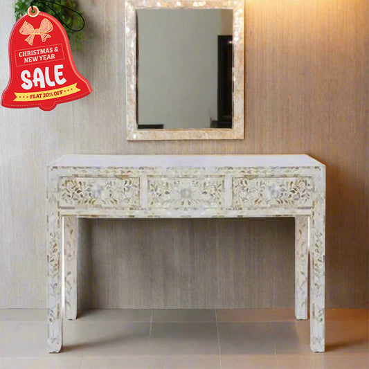 Handmade White mother of pearl vintage antique console table chest of drawer for home office