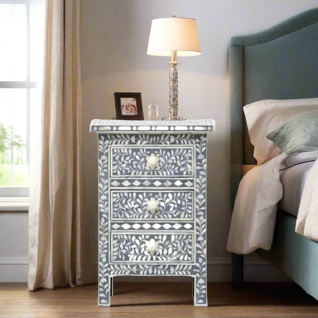 Floral Bone Inlay 3 Drawer Bedside Table - Grey