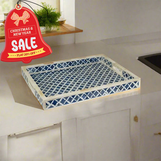 Bone Inlay Tray in Geometric Marrakech Design - Blue