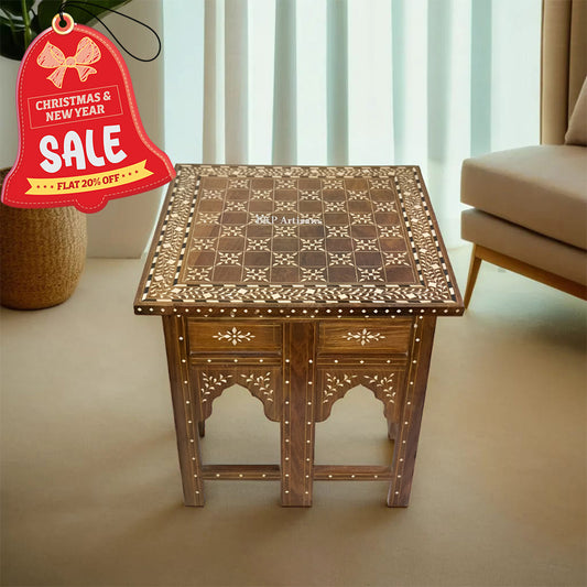 Teak Wood Bone Inlay Pattern Stool