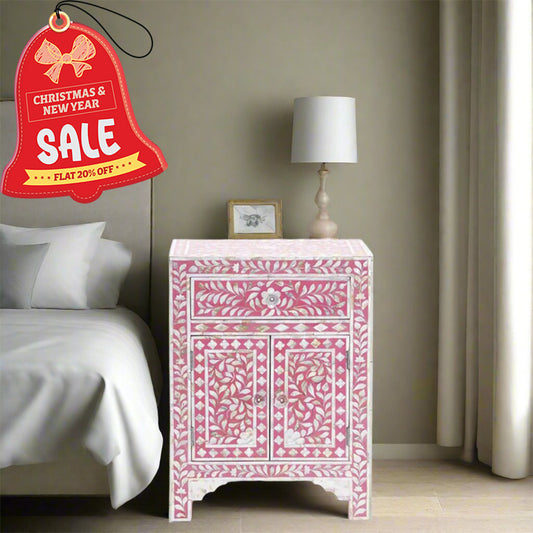 HANDMADE FLORAL PATTERN PINK BONE INLAY FLORAL PATTERN BEDSIDE TABLE