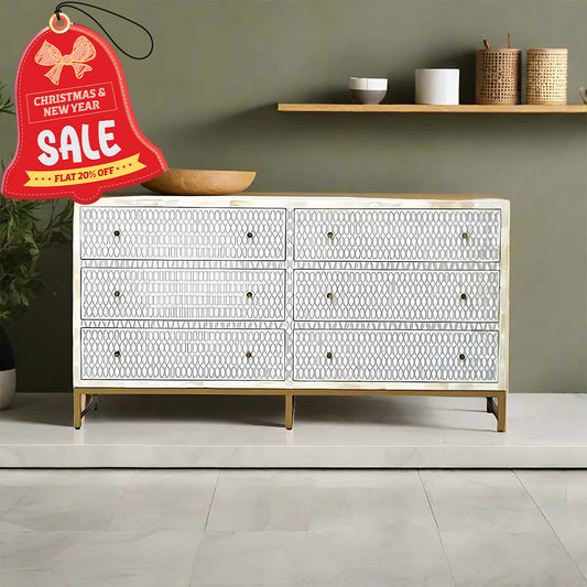 Bone Inlay Geometric pattren Chest Of 6 Drawers In Grey