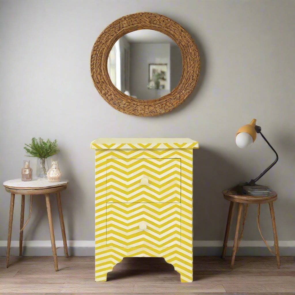 Bone Inlay Chevron Pattern Bedside Table - Yellow