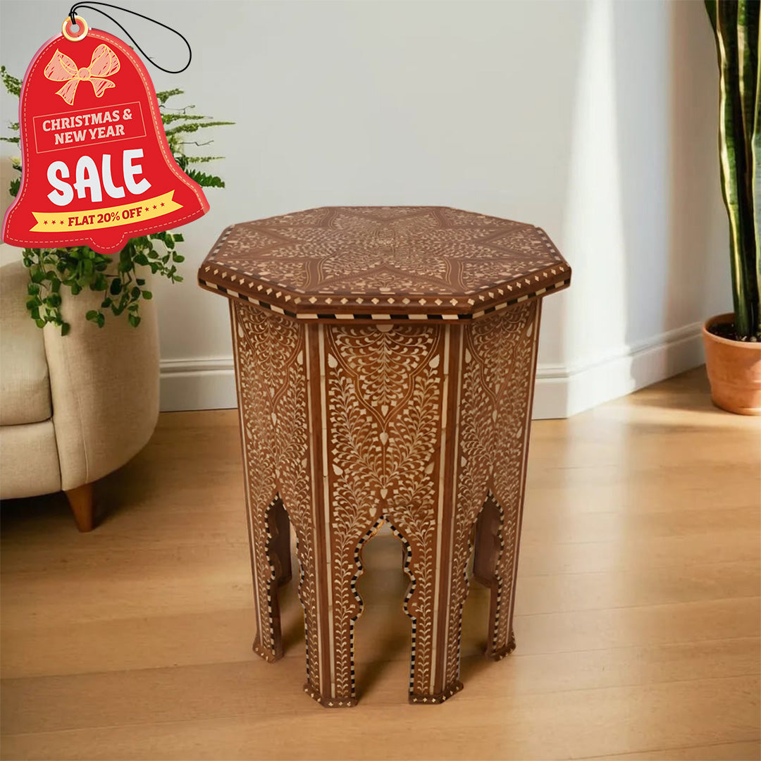 handmade Teak Wood Bone Inlay Pattern Stool