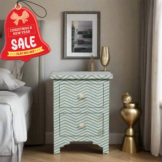 Geometric Chevron Pattern Bone Inlay Bedside Table - Blue