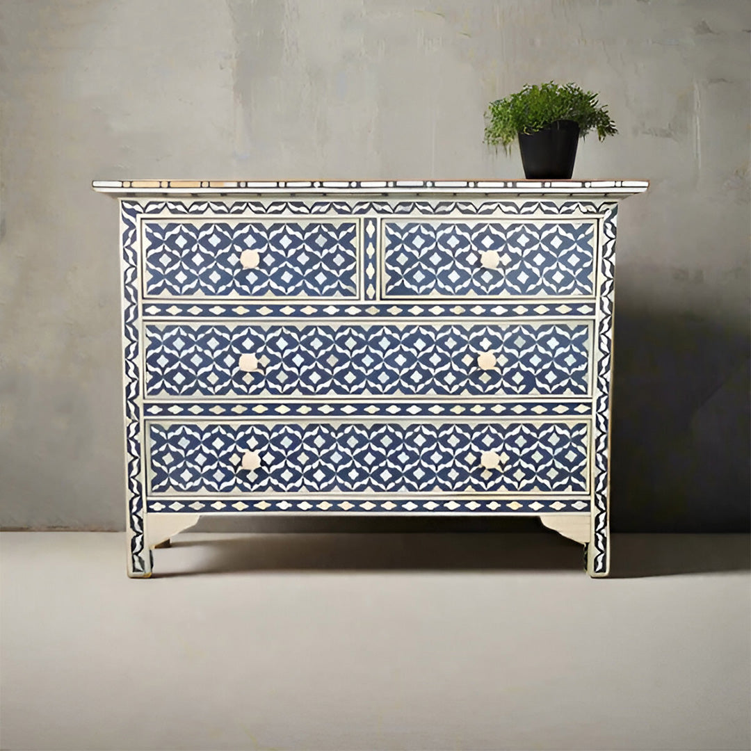 Bone Inlay Chest Of 4 Drawers , Eye Pattern In Indigo