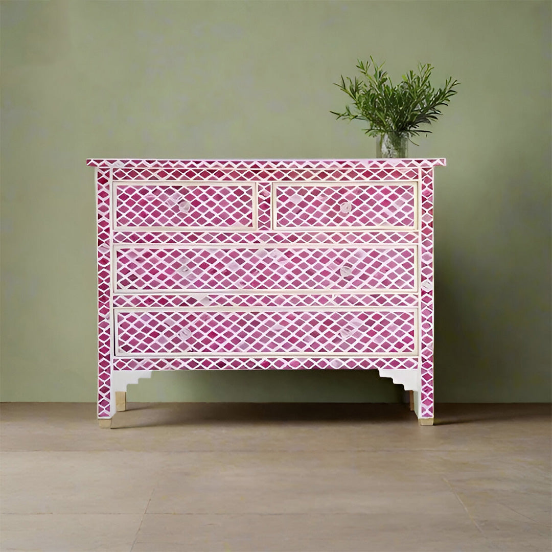 Bone Inlay Chest Of 4 Drawers , Eye Pattern In Pink