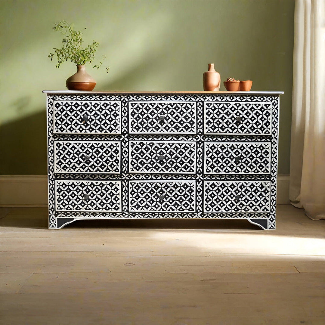 Bone Inlay Chest Of 9 Drawers Eye Pattern In Black