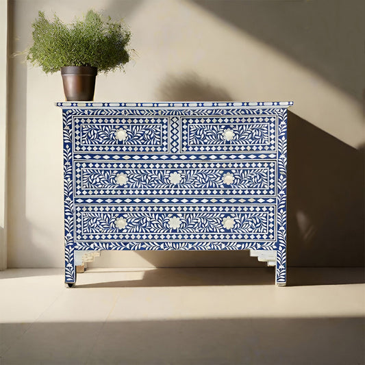 Bone Inlay Chest of 4 drawers, Floral Pattern In Blue