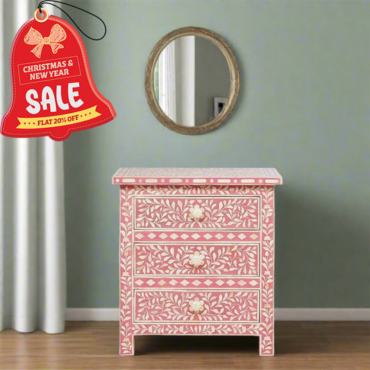 HANDMADE FLORAL PATTERN PINK BONE INLAY FLORAL PATTERN BEDSIDE TABLE