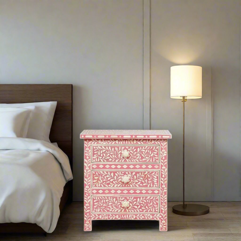 Bone Inlay Floral 3 Drawer Bedside Table - Pink