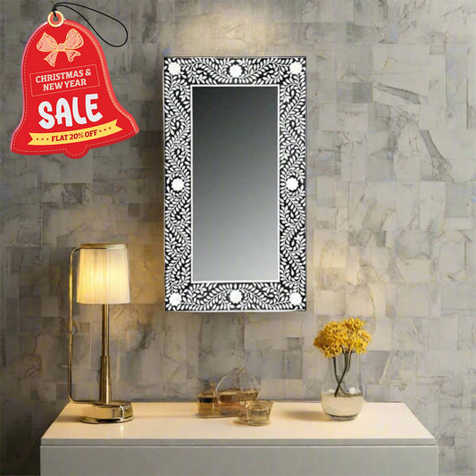 Handmade Bone Inlay Rectangular Mirror Frame Floral Pettren Black color