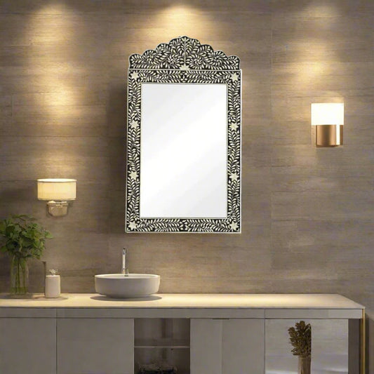 Bone Inlay Black Floral Mirror Frame with Complimentary Mirror