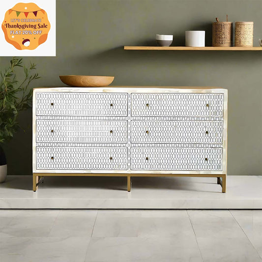 Bone Inlay Geometric pattren Chest Of 6 Drawers In Grey