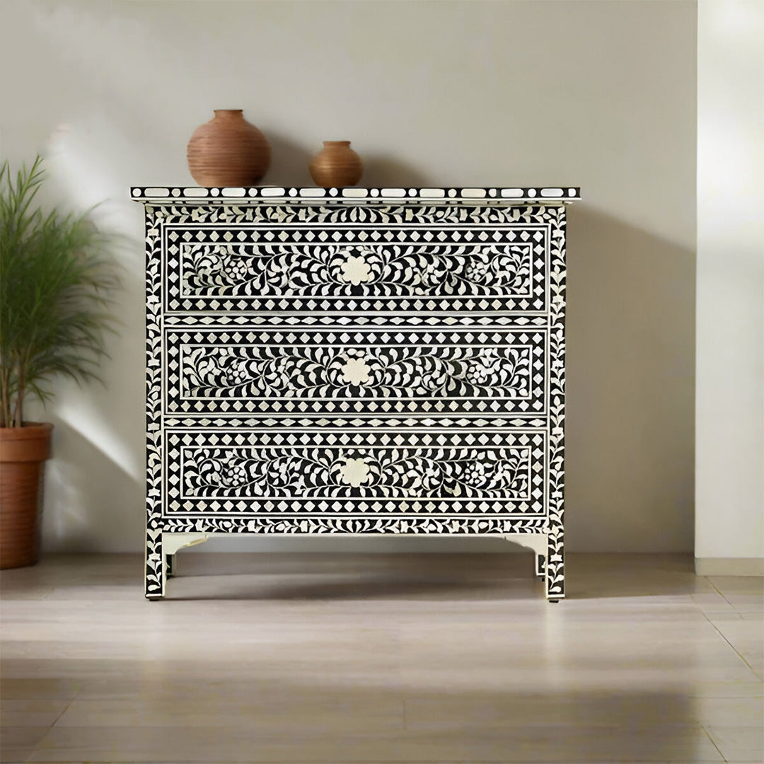 Bone Inlay Chest Of 3 Drawers , Floral Pattern In Black