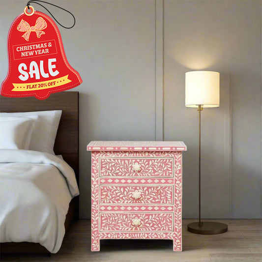 Bone Inlay Floral 3 Drawer Bedside Table - Pink