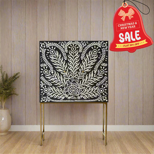 Customized Handmade Bone Inlay Peacock Pattern Bar Cabinet