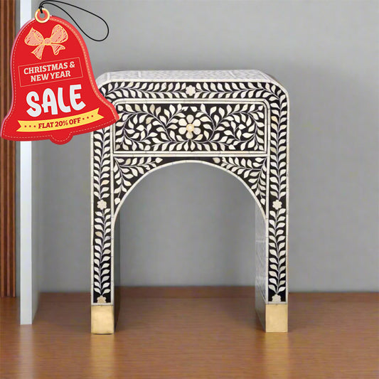 Bone Inlay Curved Bedside Table - Floral